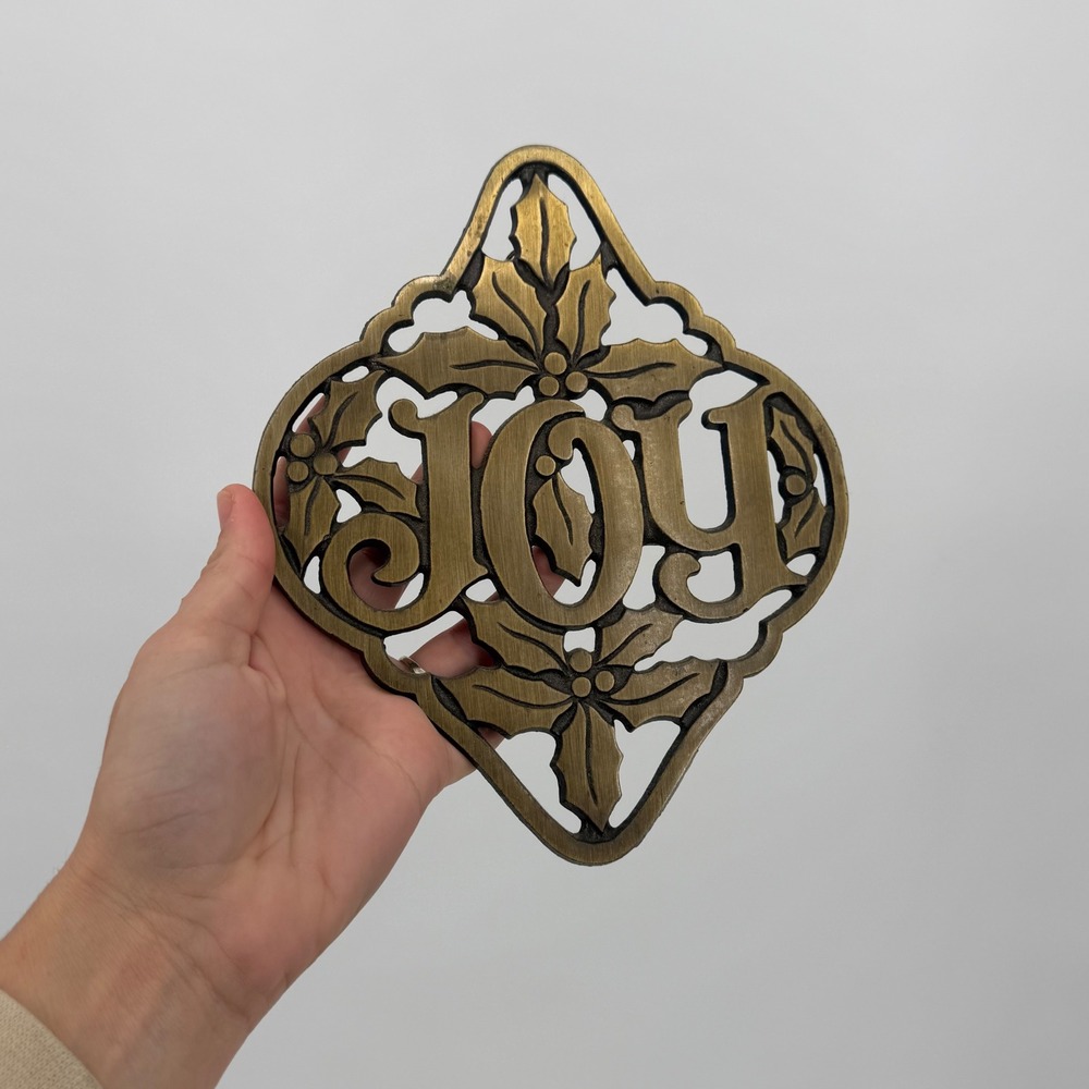Vintage JOY Cast Iron Christmas Trivet Holly Brass Finish Wall Decor 8.5in
